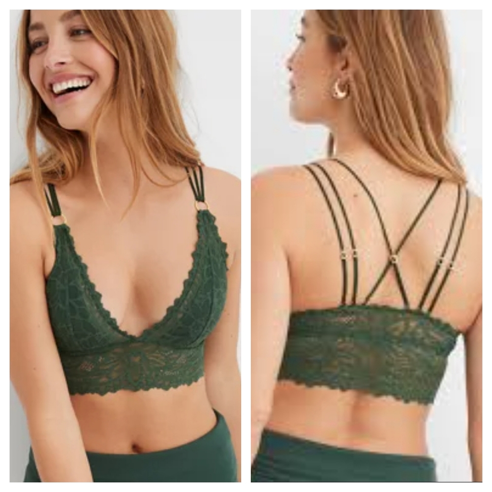 Aerie Sunkissed Lace Padded Plunge Bralette Green Bra Sexy Strappy Lounge XL